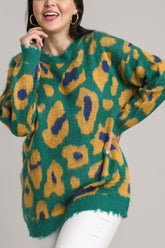 Umgee Full Size Leopard Destroyed Rib Band Sweater Plus Size OutfitFlow